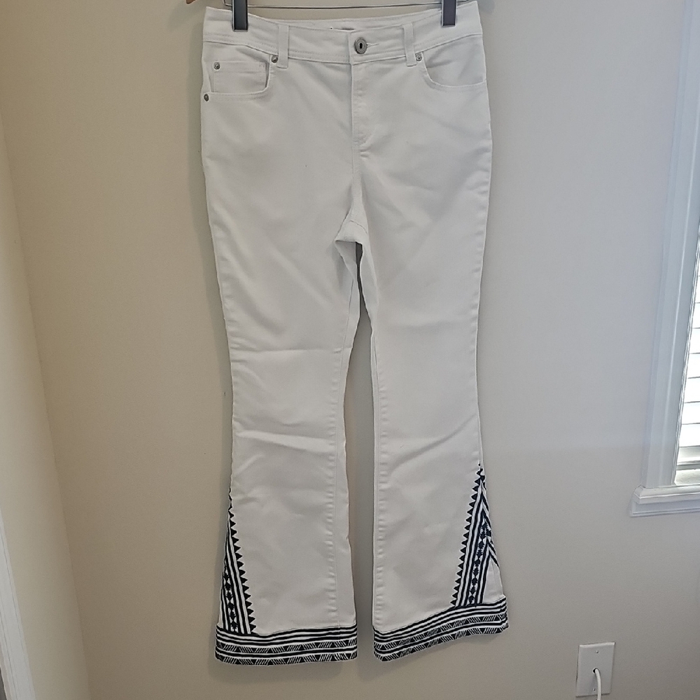 White Flared Pants with Black Embroidery By INC ‎ Size 6